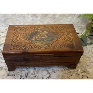 Vintage carved top mini‎ Chest Trinket Box Cottage Flowers Letters Trinkets